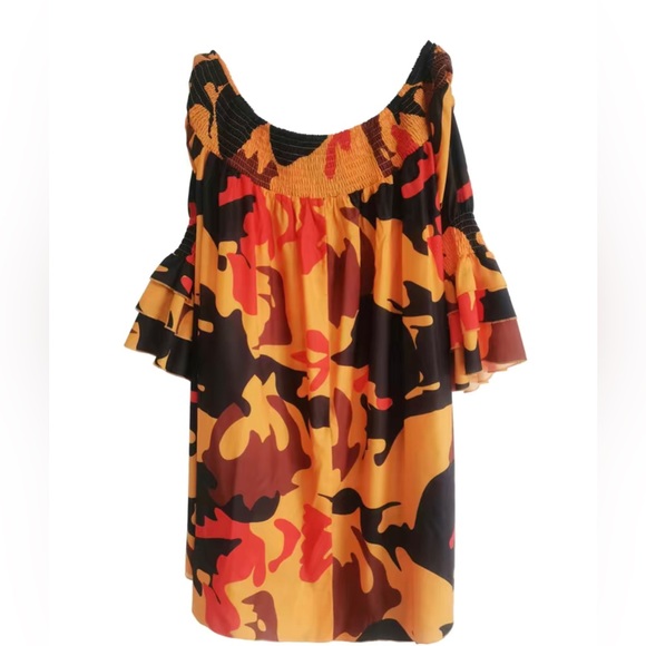 Plus Abstract Print Shirred Off Shoulder Layered Sleeve Slight Stretch D… - Picture 5 of 11